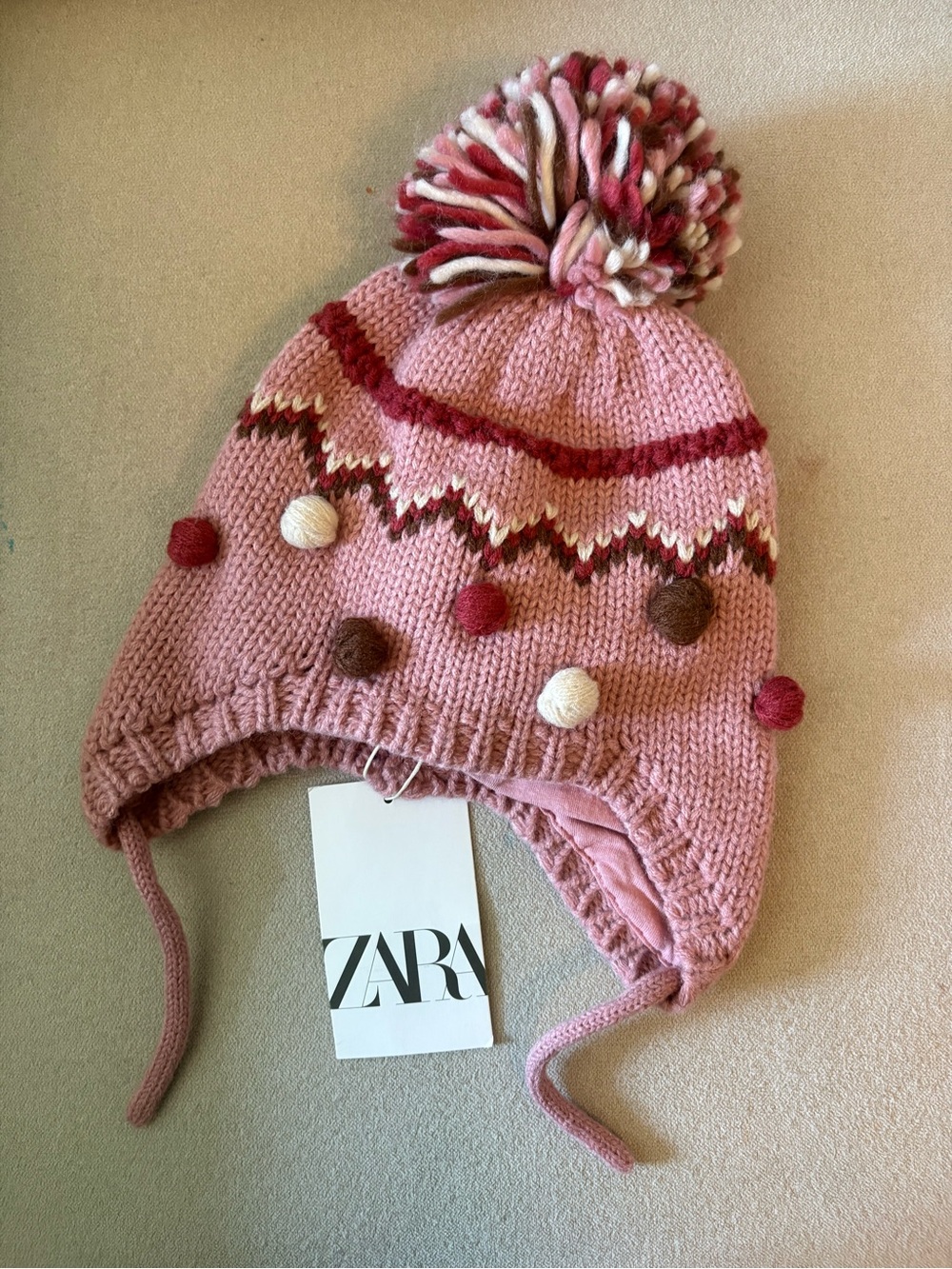 ZARA Pink Knit Pom-Pom Earflap Hat with Multicolor Accents
